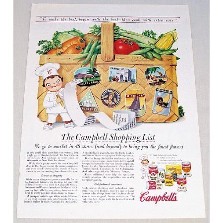 1957 Campbell's Soup Vegetable Basket Art Color Print Ad - Campbell's Shopping List