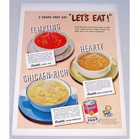 1948 Campbell's Chicken Noodle Soup Color Print Ad - Lets Eat