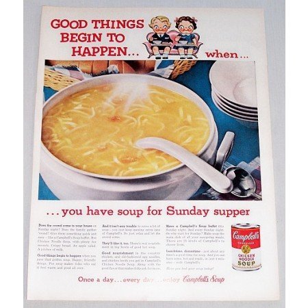 1960 Campbell's Chicken Noodle Soup Color Print Ad - Sunday Supper