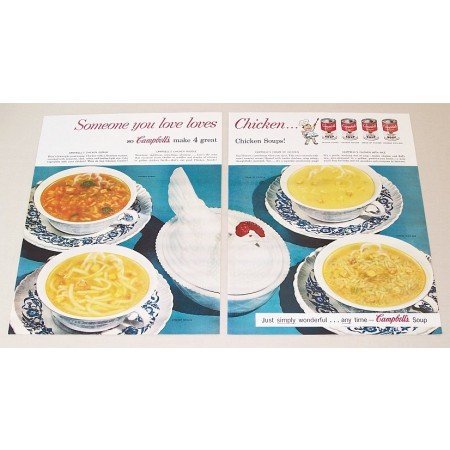 1954 Campbell's Soup Hen On Nest Glassware 2 Page Color Print Ad