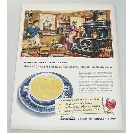 1951 Campbell's Cream Of Chicken Soup Old Time Farm Kitchen Art Color Print Ad