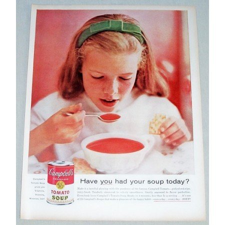 1958 Campbells Tomato Soup Color Print Ad - Had Soup Today?