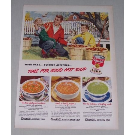 1949 Campbell's Vegetable Soup Fall Scene Leaf Raking Art Color Print Ad