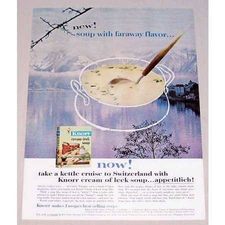 1962 Knorr Cream of Leek Soup Winter Lake Scene Color Ad - Faraway Flavor