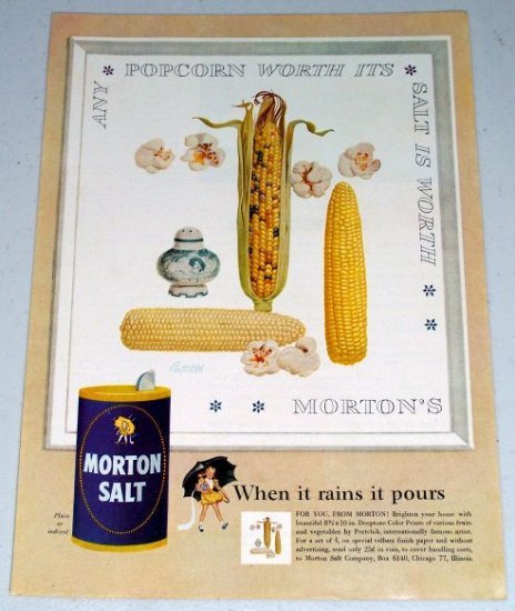 1954 Morton Salt Indian Corn Popcorn Art Color Print Ad