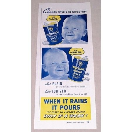 1942 Morton's Iodized Salt Print Ad - Morton Twins