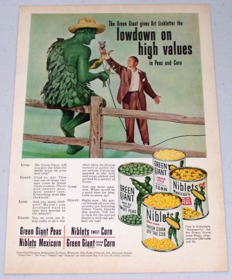 1952 Green Giant Fresh Corn Sweet Peas Vintage Color Print Ad CBS Celebrity Art Linkletter