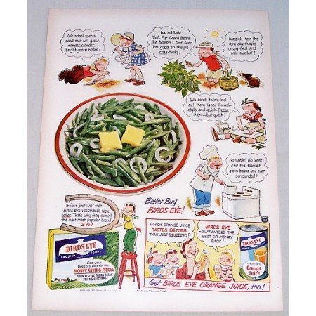 1951 Birds Eye Green Beans Color Cartoon Art Print Ad