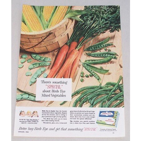 1954 Birds Eye Mixed Garden Vegetables Carrots Corn Beans Peas Color Ad