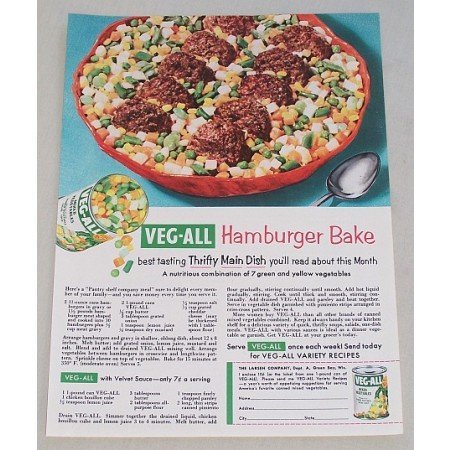 1954 Veg-All Vegetables Hamburger Bake Recipe Color Print Ad