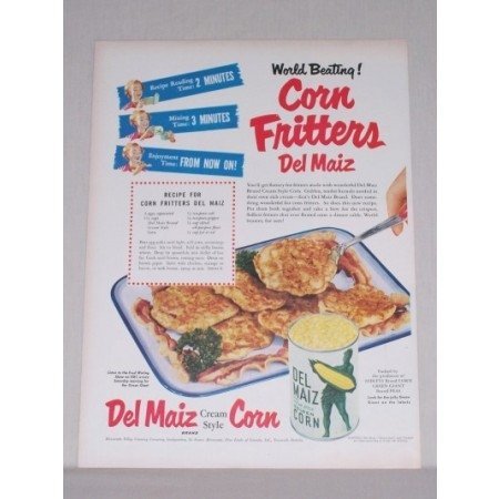 1950 Del Maiz Golden Corn Corn Fritters Recipe Color Print Ad