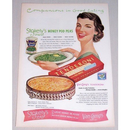 1952 Stokelys Honey Pod Peas Tenderoni Macaroni Color Print Ad