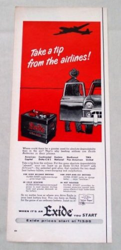 1953 Exide Ultra Start Auto Battery Color Print Ad
