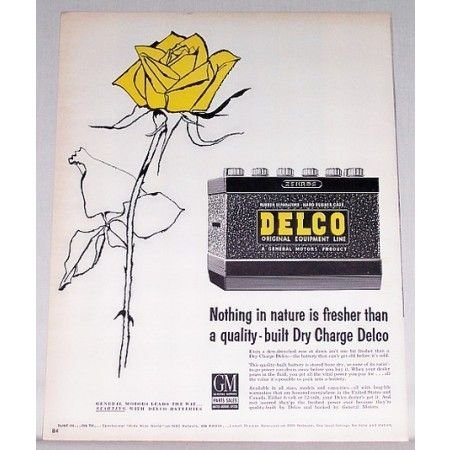 1957 Dry Charge Delco Battery Yellow Rose Art Color Print Ad
