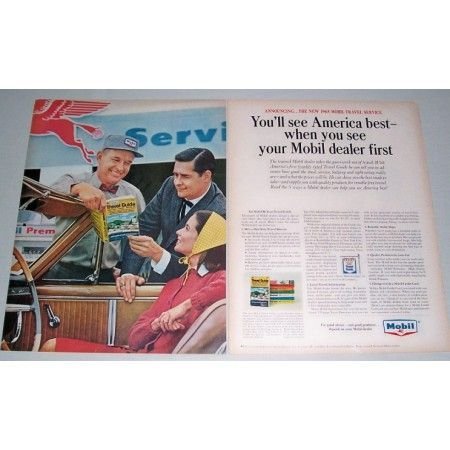 1965 Mobil Travel Service 2 Page Vintage Color Print Ad