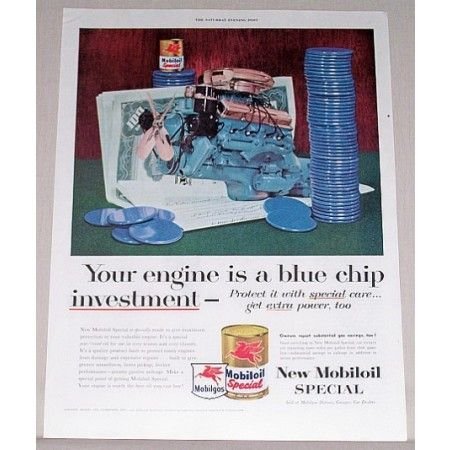 1955 Mobil Oil Special Vintage Color Print Ad - Blue Chip Investment