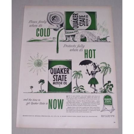 1949 Quaker State Motor Oil Eskimo Hawaii Art Vintage Color Print Ad