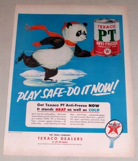 1953 Texaco PT Anti-Freeze Gas Oil Panda Bear Animal Art Vintage Color Print Ad