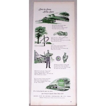 1948 Quaker State Motor Oil Color Art Ad - Lucky Signs