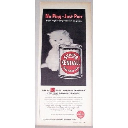 1957 Superb Kendall Motor Oil Can White Cat Vintage Color Print Ad