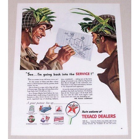 1945 Texaco Dealers Color Wartime Art Vintage Color Print Ad - Back Into Service
