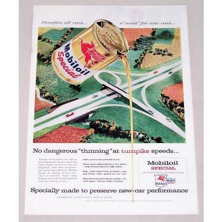 1956 Mobil Oil Special Motor Oil Vintage Color Print Art Ad - Thinning Turnpike Speeds