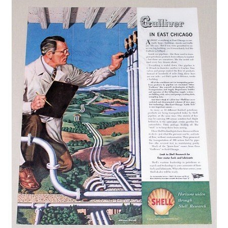 1945 Shell Research Vintage Color Print Art Ad - Gulliver In East Chicago