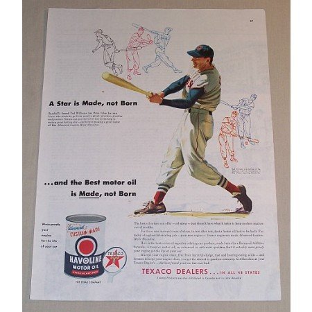 1954 Texaco Havoline Oil Vintage Color Print Ad Baseball Celebrity Ted Williams
