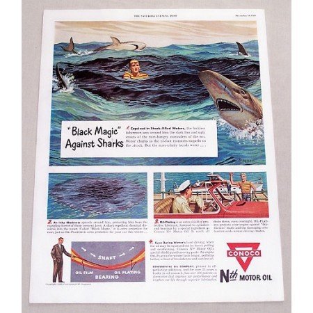 1949 Conoco Motor Oil Shark Filled Water Vintage Color Print Art Ad