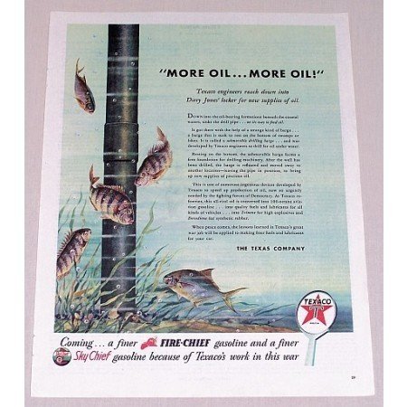 1944 Texaco Gas Oil Underwater Pipe Fish Vintage Color Print Art Ad