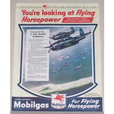 1945 Mobil Gas Flying Horsepower Vintage Color Print Wartime WWII Ad