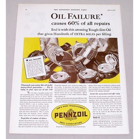 1932 Pennzoil Motor Oil Vintage Color Print Art Ad - Oil Failure Causes..