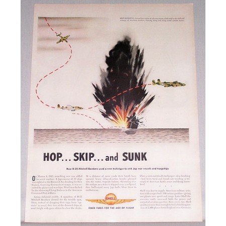 1943 Shell Oil Color Wartime B-25 Mitchell Bombers Art Vintage Color Print Ad