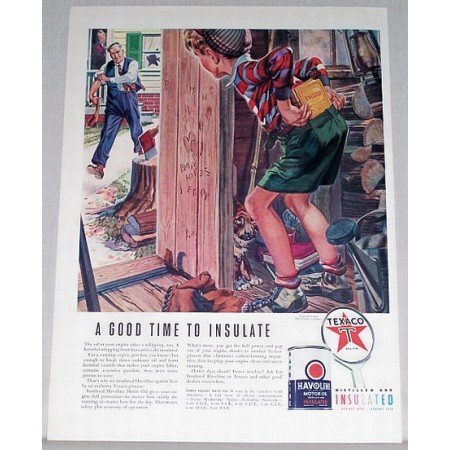 1940 Texaco Havoline Motor Oil Boy Woodshed Art Vintage Color Print Ad