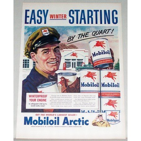1948 Mobil Oil Artic Oil Cans Station Vintage Color Print Art Ad