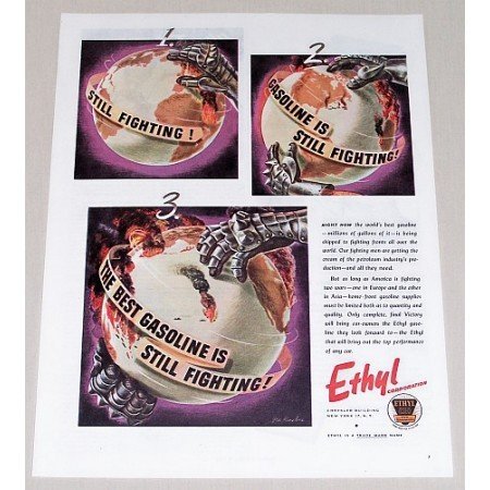 1945 Ethyl Corporation Globe Vintage Color Print Art Ad - Still Fighting!