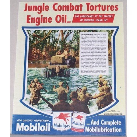 1945 Mobil Oil Gas Jungle Combat Wartime Vintage Color Print Ad