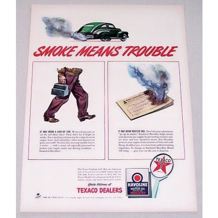 1943 Texaco Dealers Gas Vintage Color Print Ad - Smoke Means Trouble
