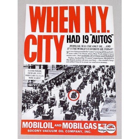 1937 Mobil Oil Vintage Color Print Ad - When NY City Had 19 Autos