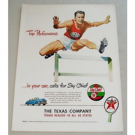 1948 Texaco Sky Chief Gas Track and Field Hurdles Art Vintage Color Print Ad