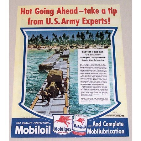 1945 Mobil Oil Color Navy Portable Bridge Wartime Vintage Color Print Ad