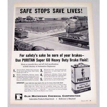 1957 Puritan Super 60 Brake Fluid Railroad Train Cross Vintage Print Ad
