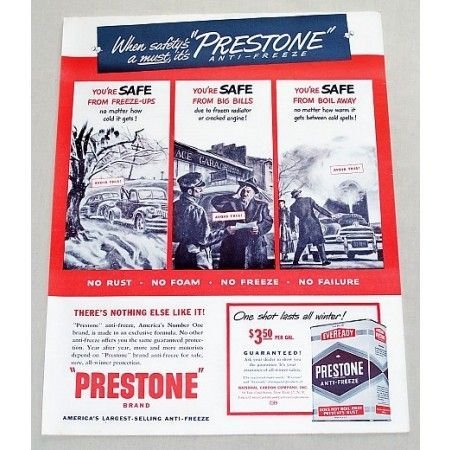 1949 Prestone Anti-Freeze Vintage Color Print Ad - Safety's A Must