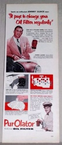 1953 Purolator Oil Filter Vintage Color Print Ad Johnny Lujack Notre Dame Football