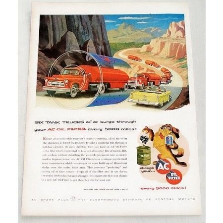 1956 AC Oil Filter Six Tank Trucks Vintage Color Print Art Ad