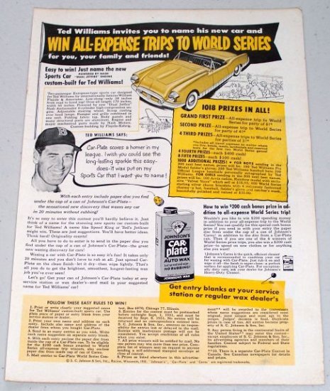 1951 Car Plate Auto Wax Vintage Color Print Ad Baseball Celebrity Ted Williams HOF
