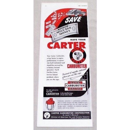 1949 Carter Carburetor Service Vintage Color Print Ad - Mileage Money