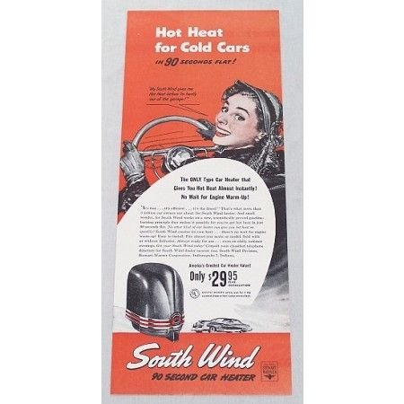 1948 South Wind Car Heater Vintage Color Print Ad - Hot Heat For Cold Cars