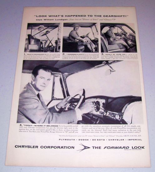 1954 Chrysler Corp. Gearshift Vintage Print Ad Celebrity William Lundigan