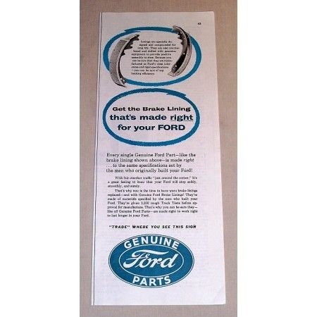 1954 Genuine Ford Parts Brake Linings Vintage Color Print Ad